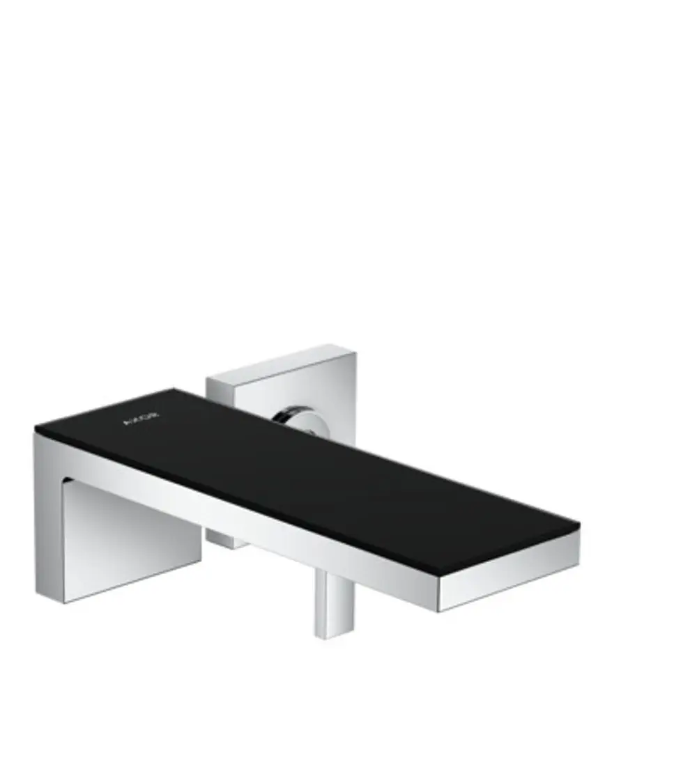 Waschtischmischer von AXOR mit einer schwarzen Glasoberfläche und einem verchromten Unterbau für die Wandmontage, mit einem geraden, eleganten Auslauf.